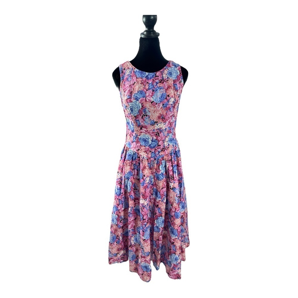 Vintage Eber Floral Coquette Cottagecore Pink & Blue Sleeveless Dress Size 9 M